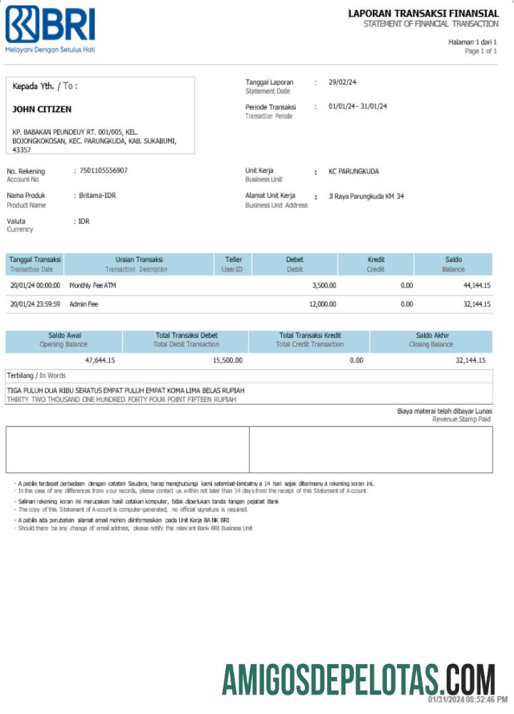 Indonesia bank BRI laporan Word and PDF Contoh templat