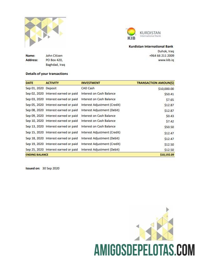 Realistis Irak Kurdistan International bank proof of address laporan templat in Excel and PDF format