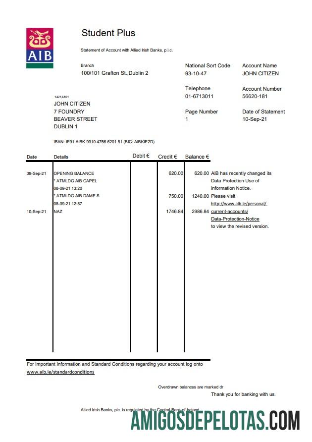 Irlandia AIB Excel templat
