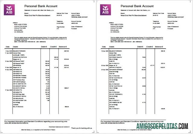 Profesional Irlandia Allied Irish Banks┬á(AIB) laporan of rekening┬áWord and PDF templat, 2 pages