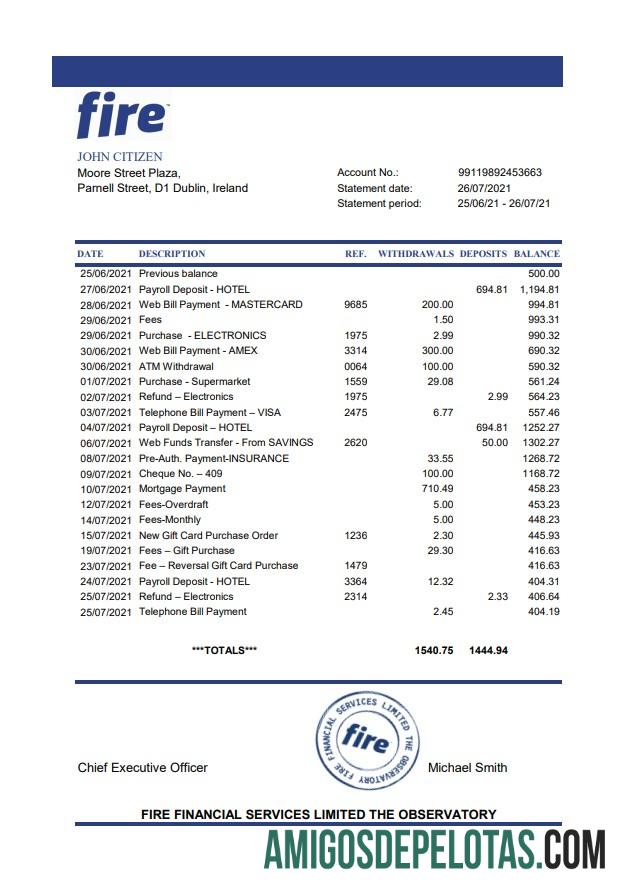 Irlandia Fire Financial Services Limited Excel templat