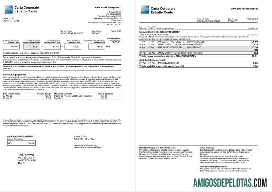 Italia American Express Amex kartu laporan 3 pages sampel