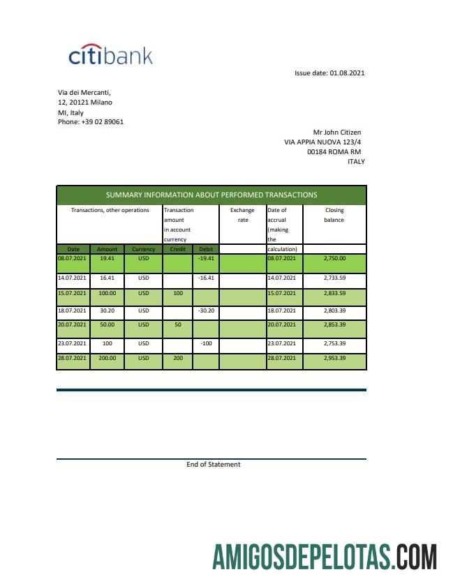 Italia Citibank Excel PDF templat