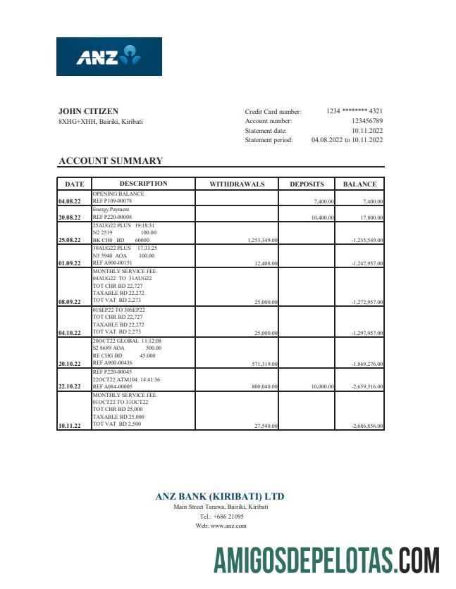 Kiribati ANZ bank laporan XLS templat