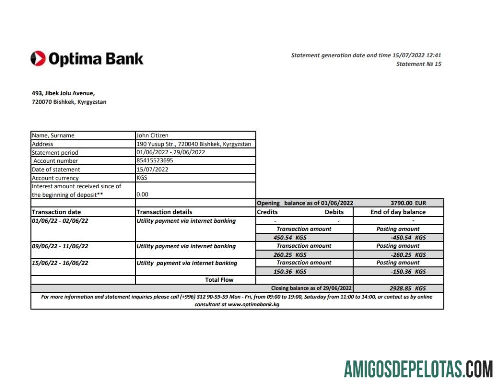 Kirgizstan Optima bank laporan XLS templat