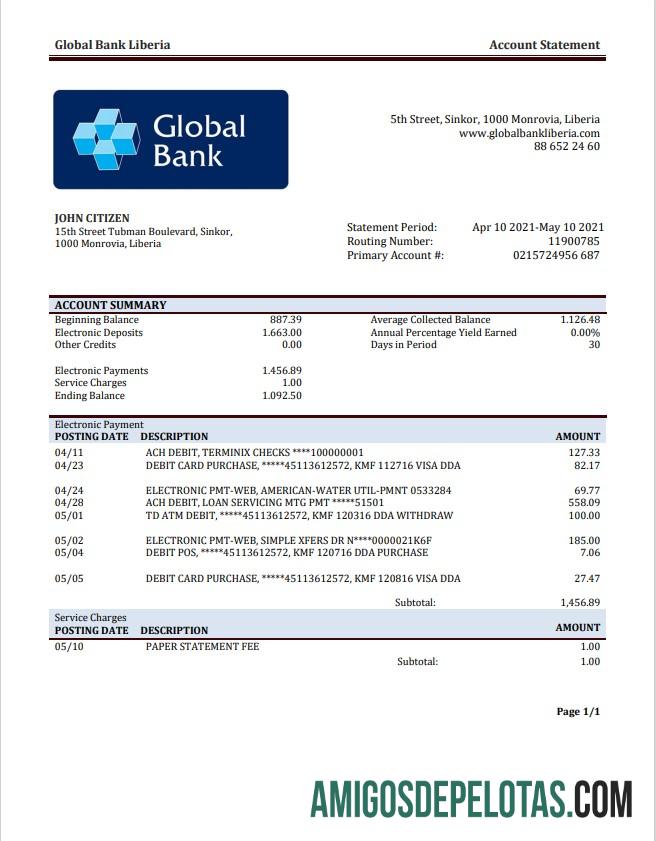 Liberia Global bank staement templat
