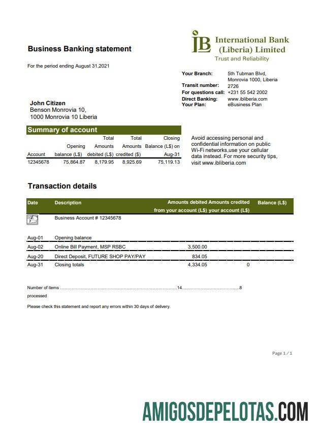Liberia IB International bank Excel PDF sampel