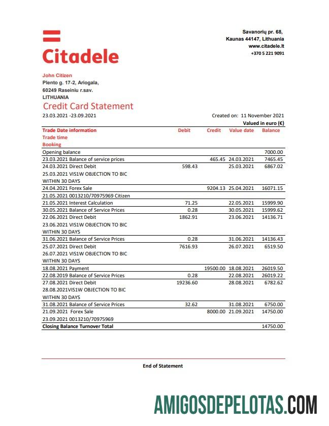 Dapat Diedit Lituania (Litva) Citadele bank Kredit kartu laporan templat in Excel and PDF format