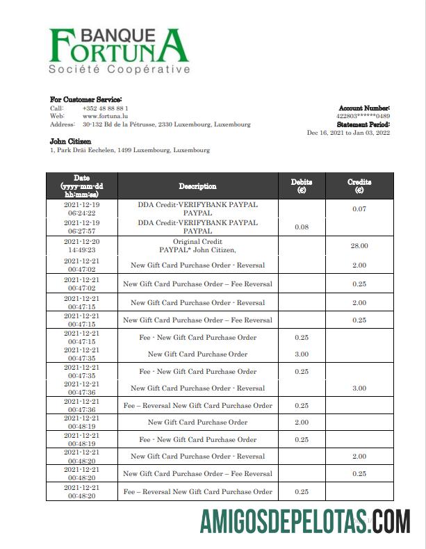 Dapat Diedit Luksemburg Fortuna Banque bank proof of address laporan templat in Word and PDF format, .doc and .PDF format