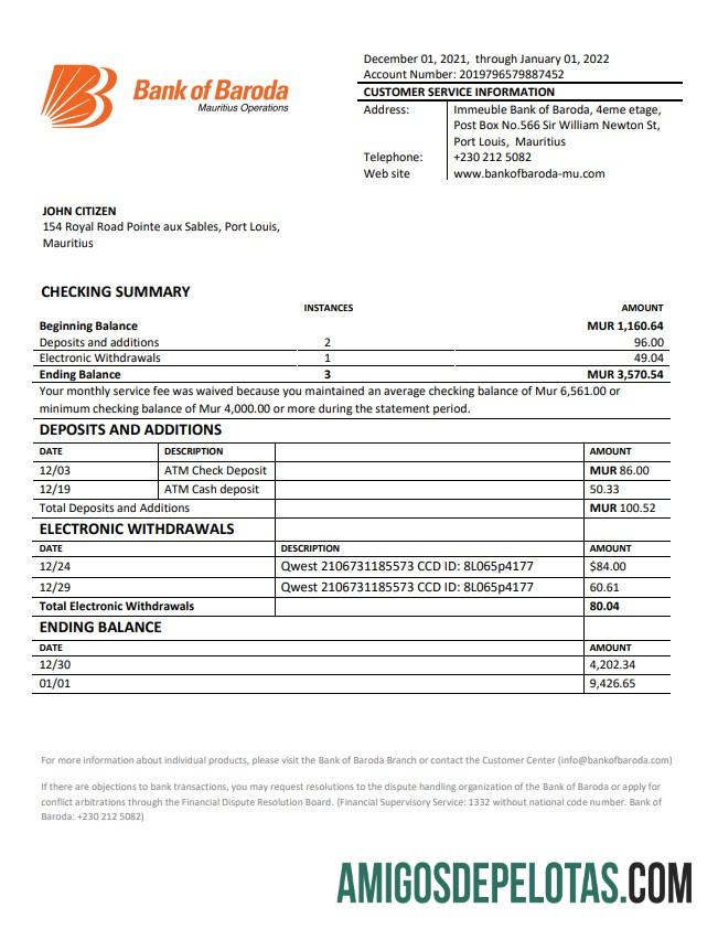 Mauritius bank of Boroda bank laporan templat