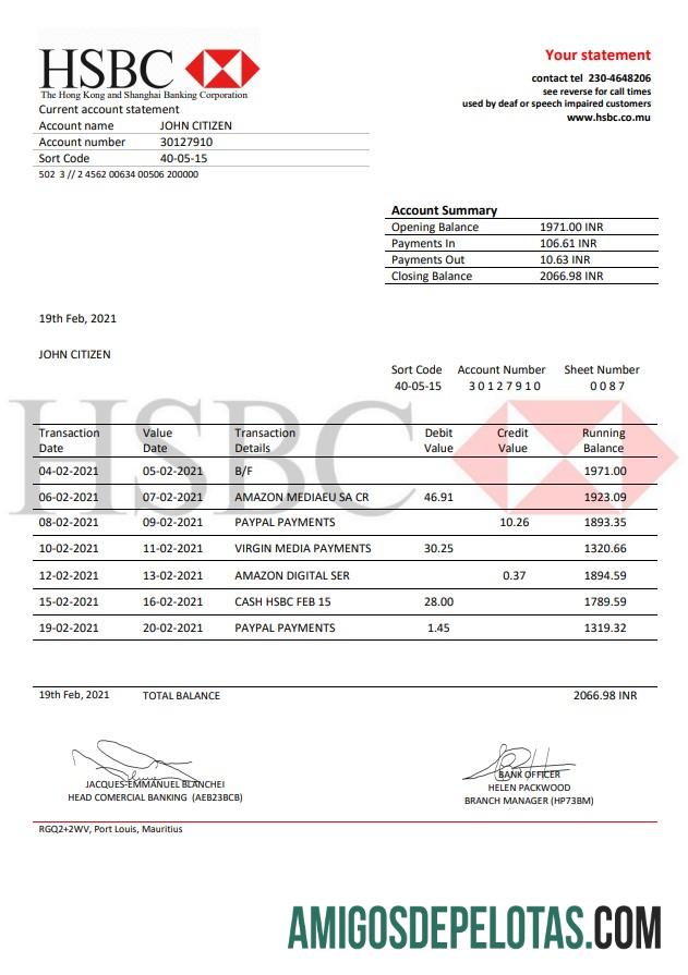 Mauritius HSBC bank laporan sampel