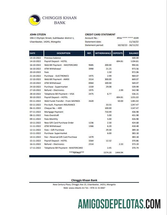 Realistis Mongolia Chinggis Khaan bank Excel and PDF templat