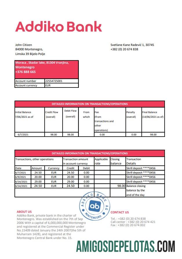 Montenegro Addiko bank Excel pratinjau