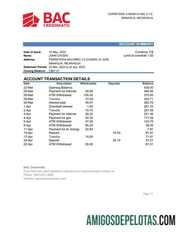 Realistis Nikaragua BAC Credomatic bank laporan Excel and PDF templat