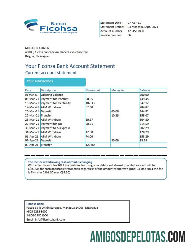 Nikaragua Banco Ficohsa Excel PDF desain