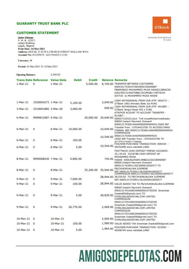 Nigeria GTBank Excel PDF sampel