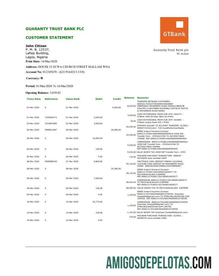 Profesional Nigeria GTBank proof of address bank laporan templat in Word and PDF format