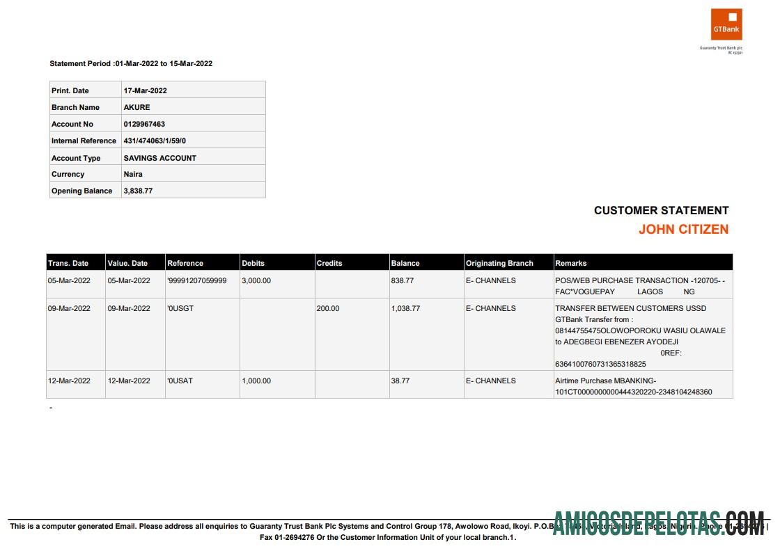 Premium Nigeria Guaranty Trust bank (GTBank) savings rekening laporan Word and PDF templat