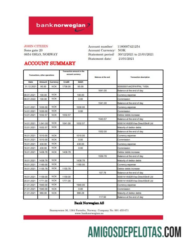 Norwegia bank Norwegian AS Excel PDF makering