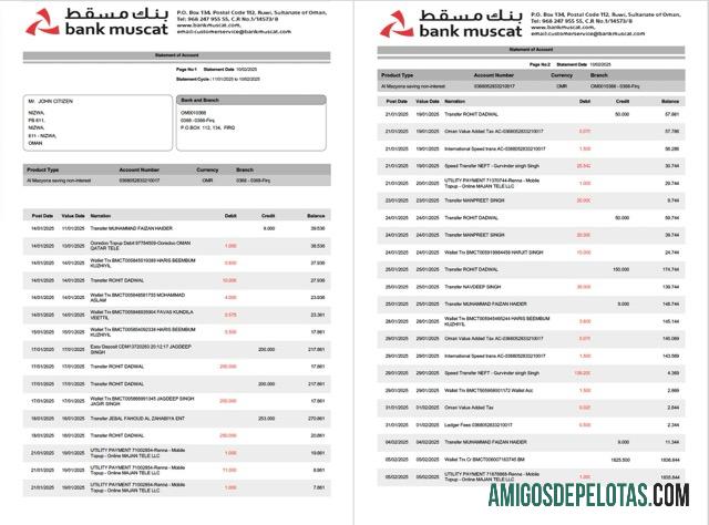 Berkualitas Oman bank Muscat laporan of rekening Word and PDF templat, 2 pages