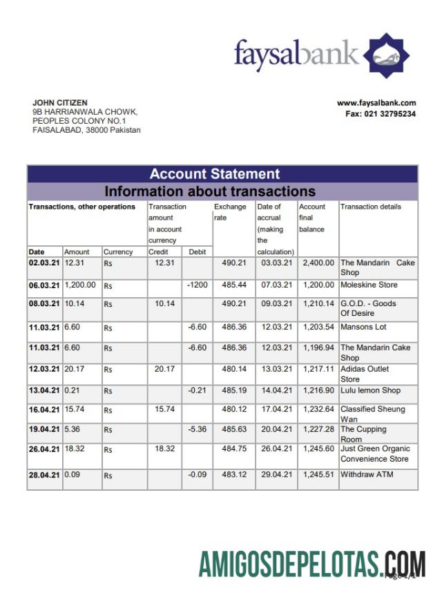 Pakistan Fasyal bank Excel PDF templat