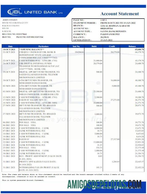 Realistis Pakistan UBL bank laporan Word and PDF templat scr