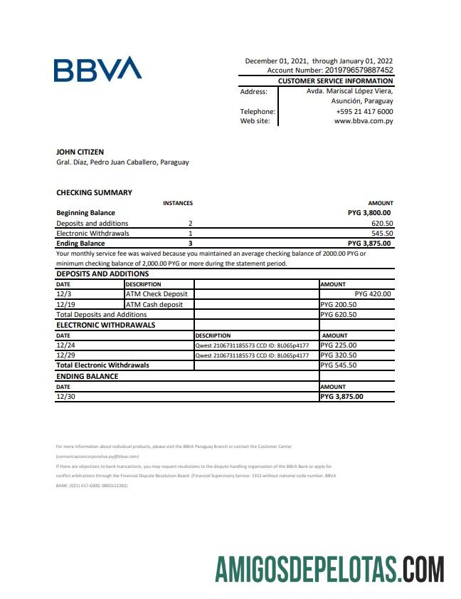 Paraguay BBVA bank laporan XLS sampel