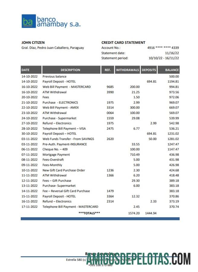 Paraguay Banco Amambay bank laporan XLS templat