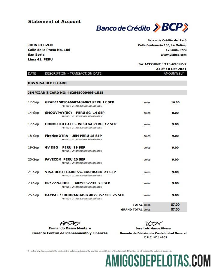 Peru Banco de Credito del Peru (BCP) Excel PDF desain