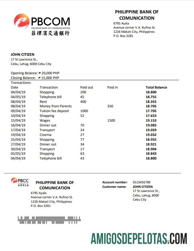 Philippine bank of Communications sampel