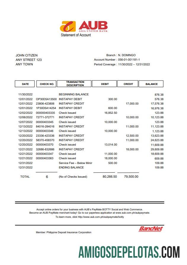Filipina AUB bank XLS sampel