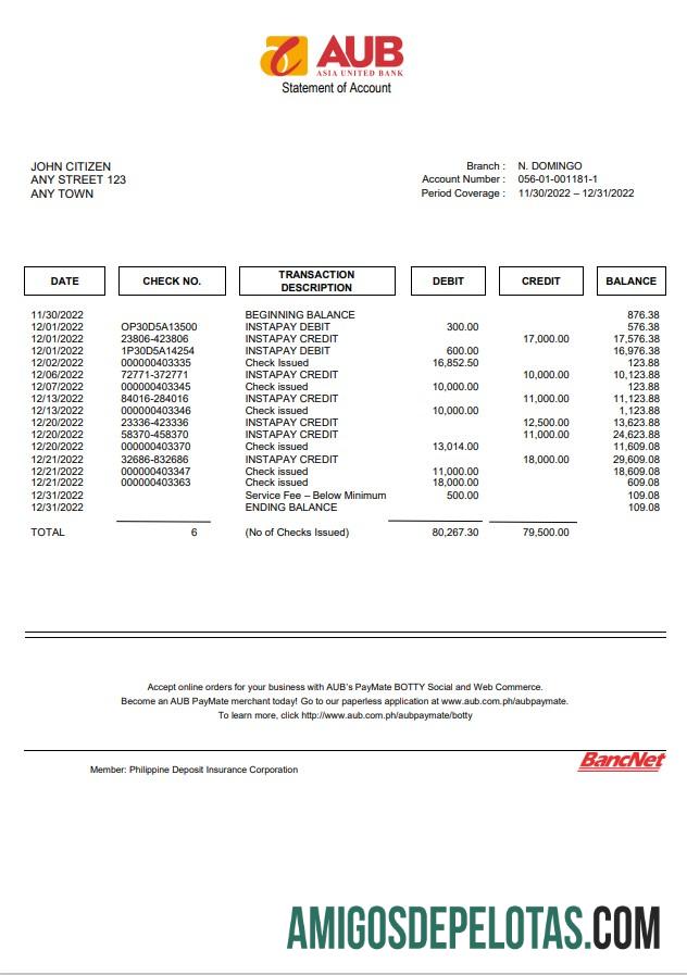 Filipina Asia United bank (AUB) rekening laporan sampel