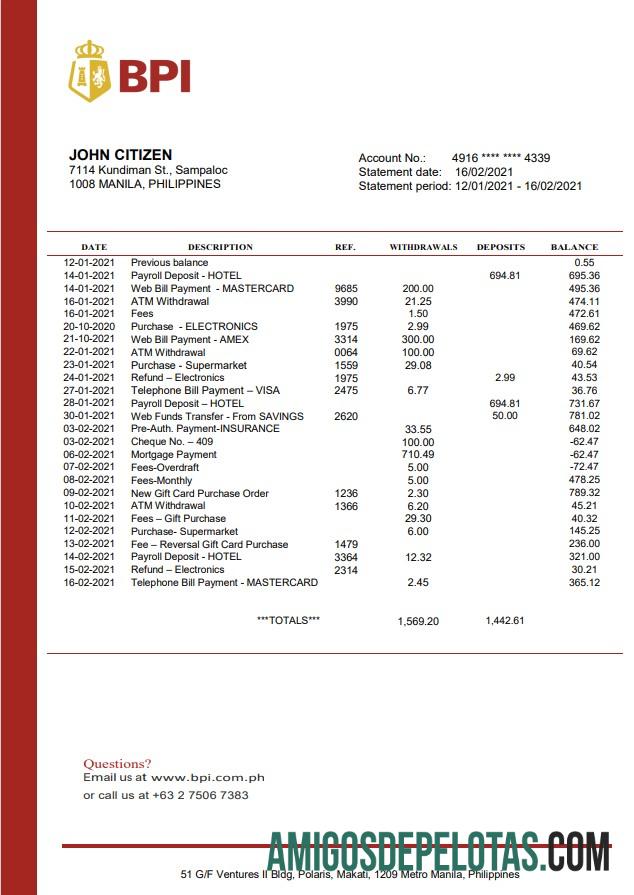 Dapat Diedit Filipina bank of the Philippine Islands proof of address bank laporan templat in Word and PDF format