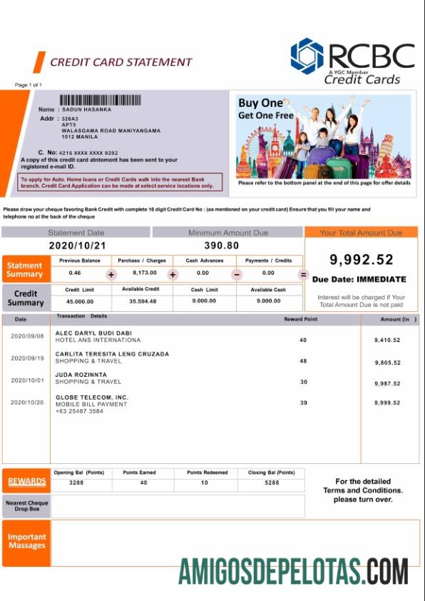 Filipina Rizal komersial Banking Corporation (RCBC) bank st PSD sampel