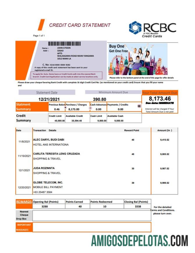 Realistis Filipina Rizal komersial Banking Corporation (RCBC) Kredit kartu laporan templat in .XLS and .PDF Berkas format