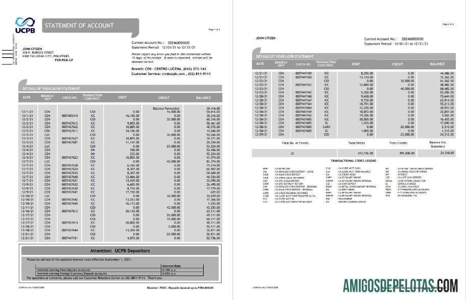 Profesional Filipina UCPB bank laporan of rekening templat in Word and PDF format
