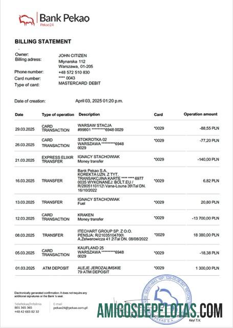 Realistis Polandia┬ábank Pekao rekening laporan┬áWord and PDF templat