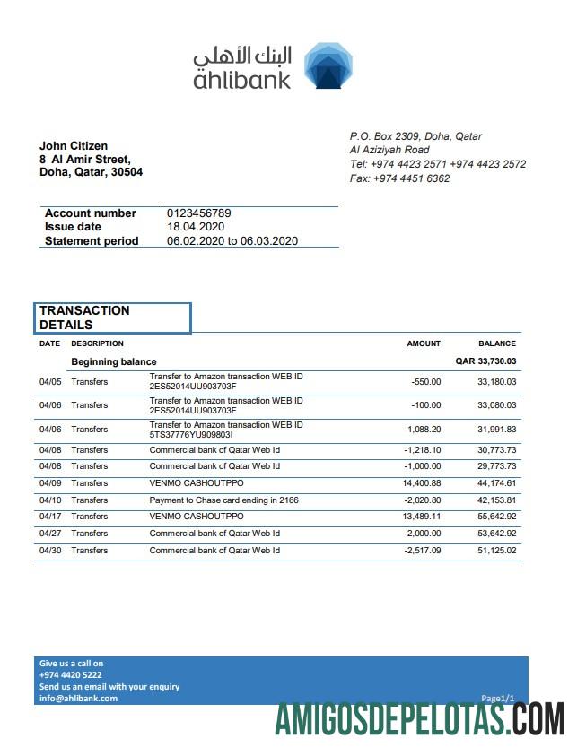 Profesional Qatar Ahlibank proof of address bank laporan templat in Word and PDF format, .doc and .PDF format
