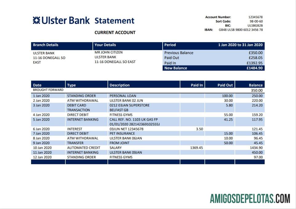 Dapat Diedit Republic of Irlandia Ulster bank laporan templat in Word and PDF format, good for address prove