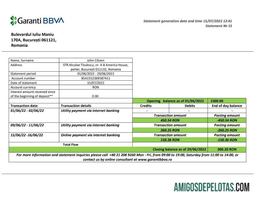 Rumania Garanti BBVA bank laporan sampel