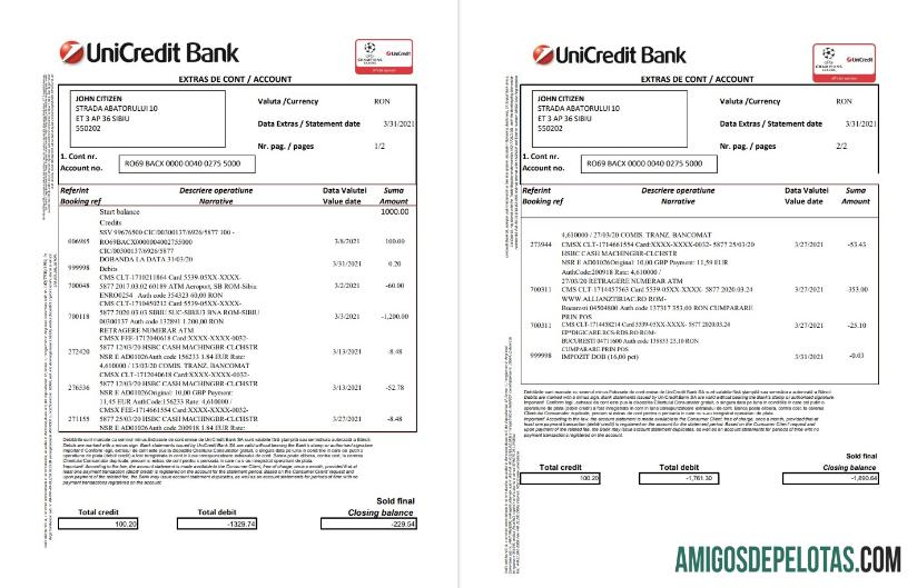 Rumania UniCredit bank 2 pages Excel PDF desain
