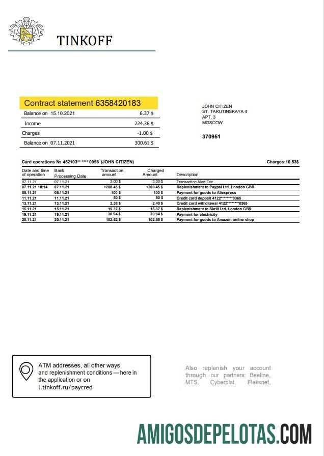 Realistis Rusia Tinkoff bank proof of address laporan (English versi) templat in Word and PDF format