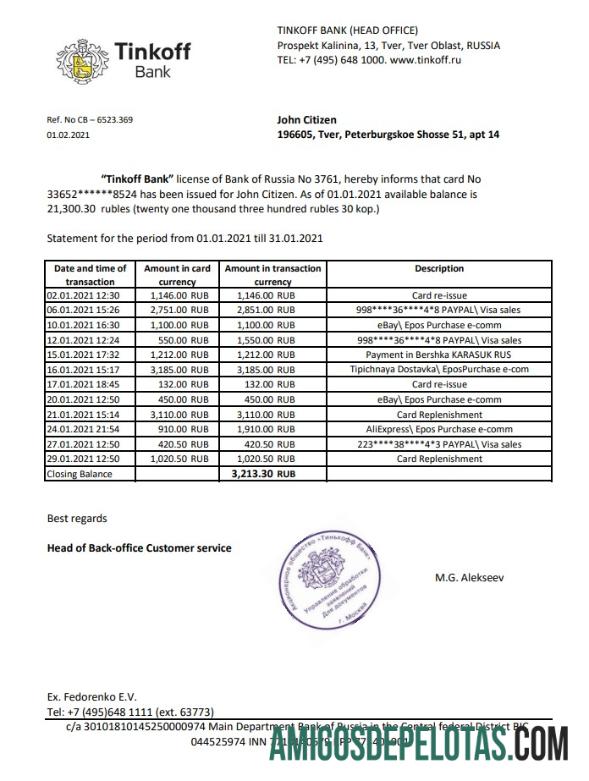 Berkualitas Rusia Tinkoff bank proof of address laporan templat in Excel and PDF format (.XLS and .PDF)
