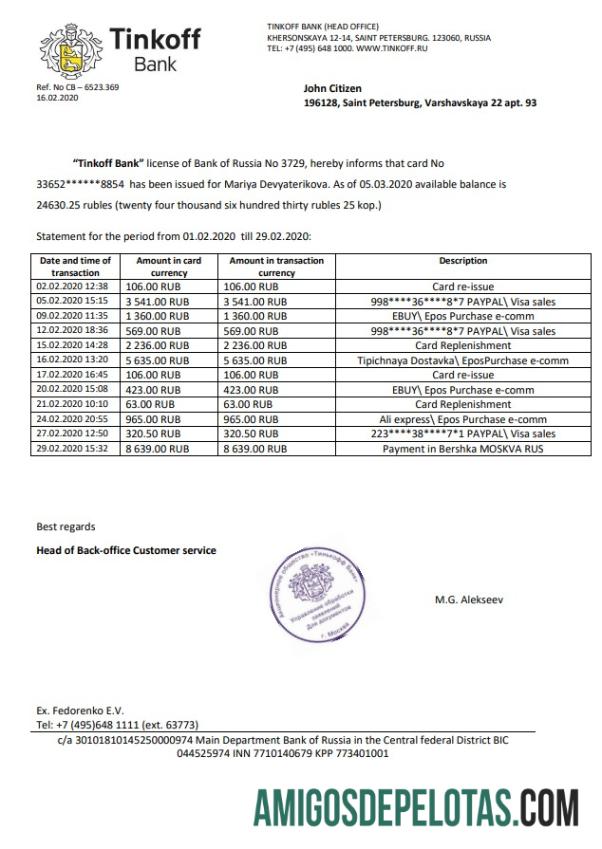 Realistis Rusia Tinkoff bank proof of address laporan templat in Word and PDF format (.doc and .PDF)