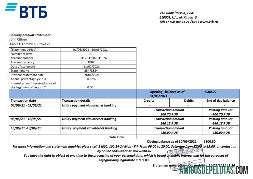 Premium Rusia VTB bank proof of address laporan templat in Word and PDF format