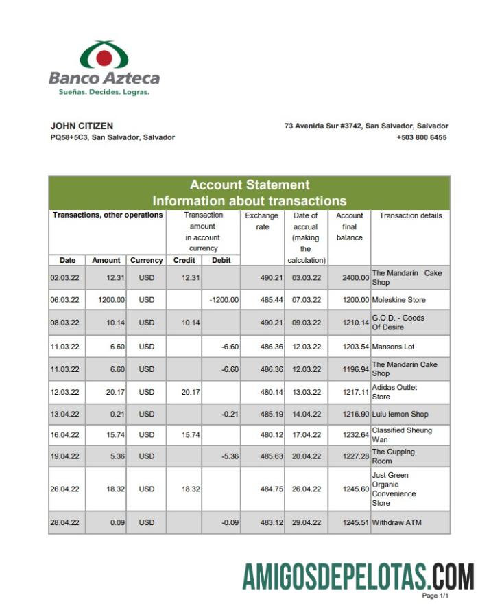 Salvador Banco Azteca bank laporan XLS pratinjau