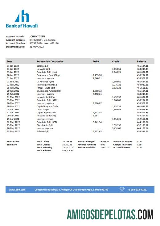 Premium Samoa bank of Hawaii bank proof of address laporan templat in Word and PDF format