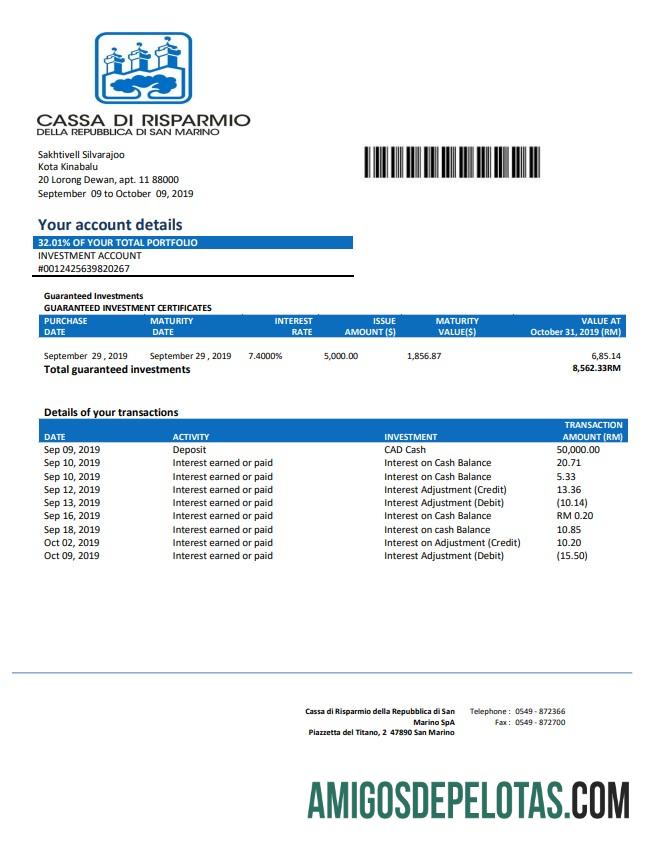 San Marino Cassa di Risparmio bank laporan sampel