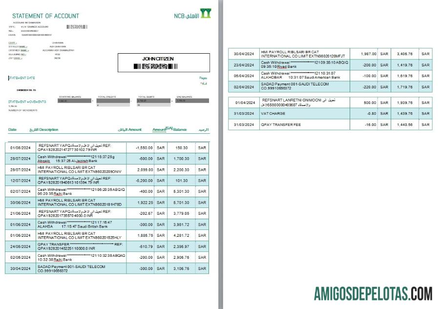 Profesional Arab Arab Saudi NCB bank rekening laporan, Word and PDF templat, 2 pages