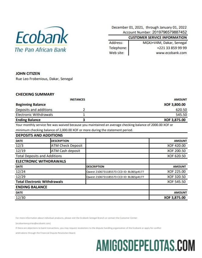 Senegal Ecobank bank laporan XLS makering